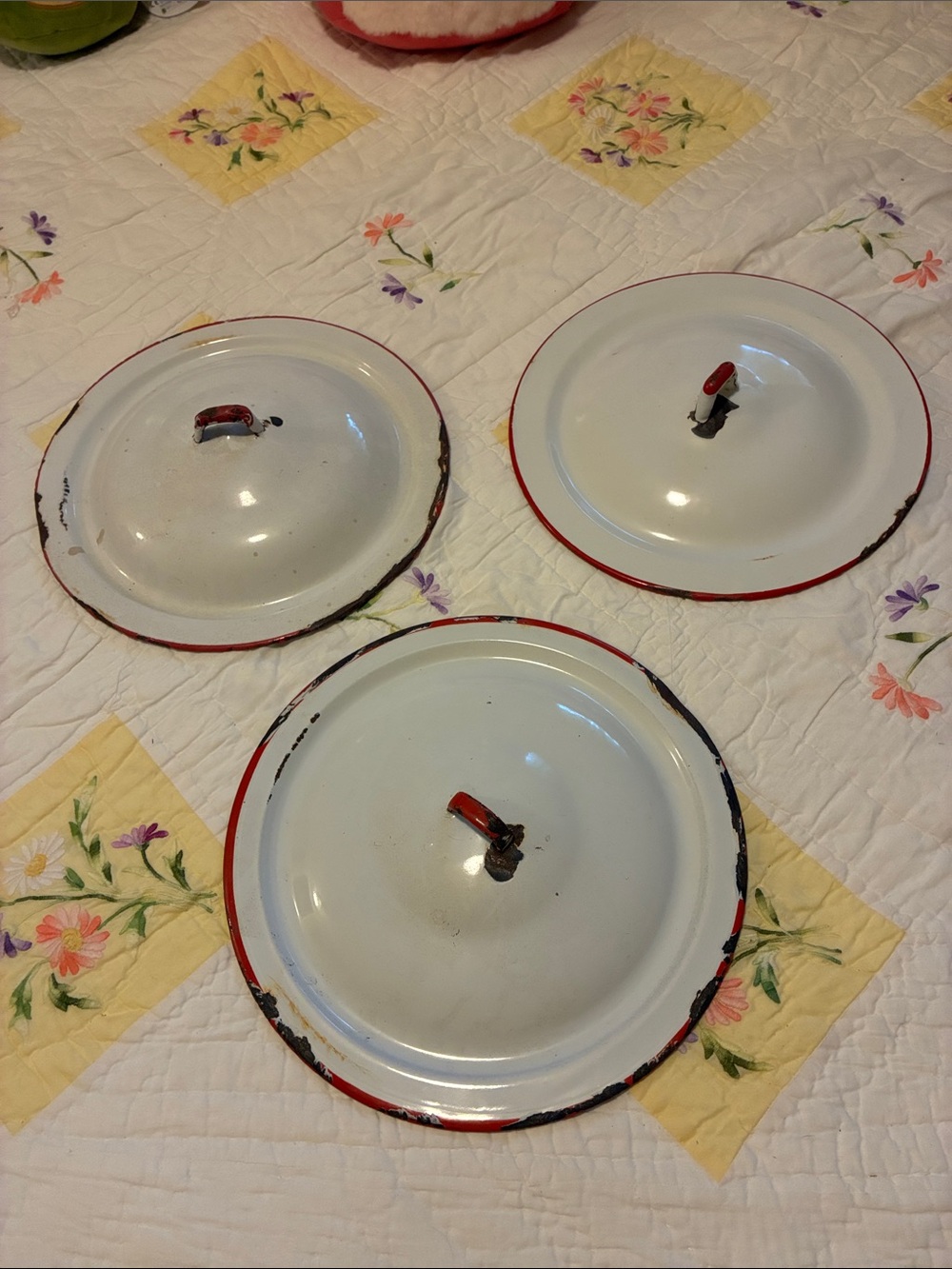 Vintage White Enamel Pan Lids with Red Trim and Handles